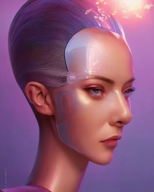 Prompt: a beautiful half body image of a futuristic android with body made of translucent plastic, short hair made of colored cellophane with mechanical internal parts, symmetrical and realistic proportions by Irakli Nadar, tom bagshaw, Charlie Bowater with details by Jason Felix, furio tedeschi, face by ilya kuvshinov, artgerm, cinematic backlit lighting, beauty retouch, elite, photo realistic, octane render, hyper real, ultra detailed, trending on artstation pinterest and deviantart