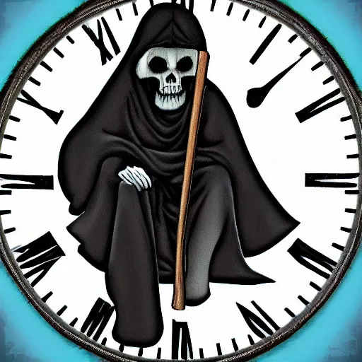 Prompt: grim reaper sitting on a clock, profile pic