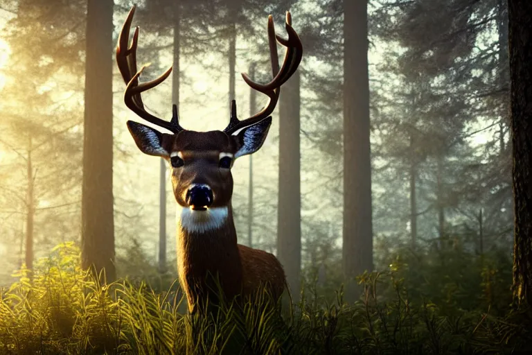 Prompt: a close up of the head of a deer with very bright eyes, background of a landscape misty forest scene, the sun glistening through the trees, hyper realistic photograph, octane render 8k, trending on artstation, unreal engine