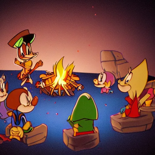 Prompt: tiny toons in real life sitting around a campfire telling stories, photographic, 3D, dark vignette, burning embers, nostalgic, muted colors, slightly drunk, candy rush