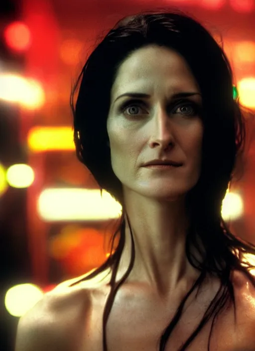 Image similar to A hyper realistic and detailed head portrait photography of Carrie-Anne Moss of The Matrix, on a futuristic street. by Annie Leibovitz. Neo noir style. Cinematic. neon lights glow in the background. Cinestill 800T film. Lens flare. Helios 44m