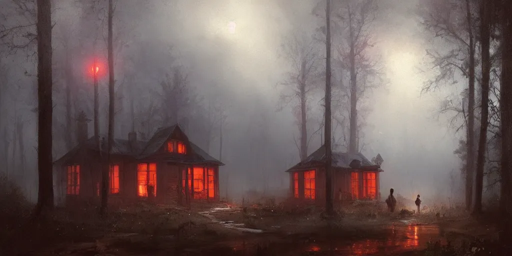 Image similar to an old house with red light on from the windows during the night in a forest, a men stand up in front of the house, mystical fog, oil on canvas, details, a desert road next to the house, illustration, art by andreas achenbach and alena aenami