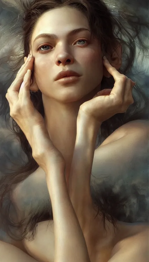 Image similar to epic masterpiece mila jovovic, sweaty skin, hyperrealistic, octane render, cinematic, beautiful face and flawless skin, perfect hands, 5 fingers, by Edgar Maxence and Ross Tran and Michael Whelan, Legends of Runeterra