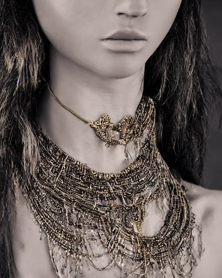 Prompt: super realistic portrait, skin detailed, of a beautiful model with a majestic tribal necklace in the neck, detail photo, minimal design, made of gold, canon, film camera, photography, digital art, balenciaga