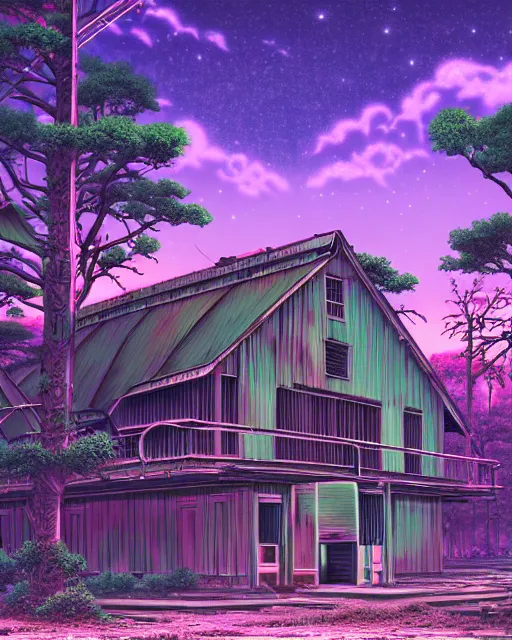 Image similar to a beautiful very detailed anime illustration of nature chalet industrial architecture abandoned urbex building architecture by martin johnson heade, architecture island flowers forest galactic neon noir infrared vice city thermal imaging, archdaily, wallpaper, highly detailed, trending on artstation.