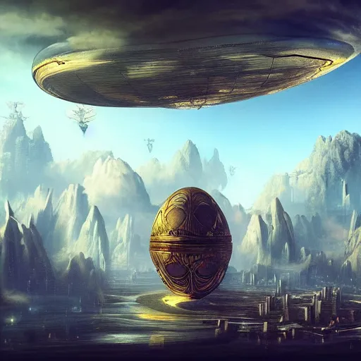 Image similar to enormous flying city in a faberge egg, sky, steampunk, fantasy art, masterpiece, hugh ferriss, unreal engine, peder balke, clouds background