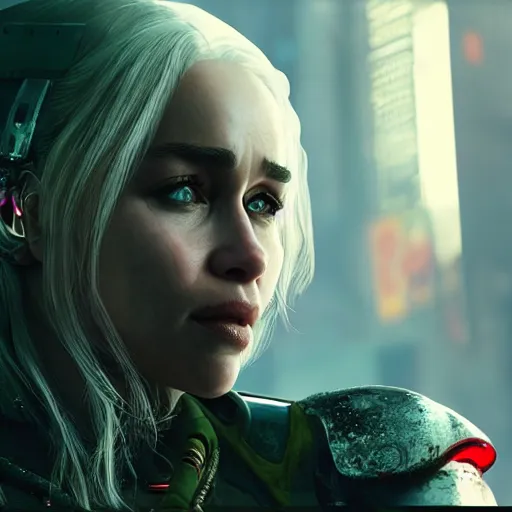 Prompt: Detailed art of Emilia Clarke in armor smiling warmly in Cyberpunk 2077 video game, concept art, poster, detailed, artstation