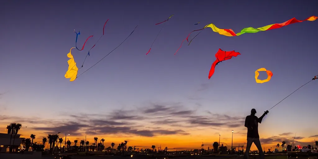 Image similar to Snoop Dogg flying a kite in LBC in the sunset, highly detailed