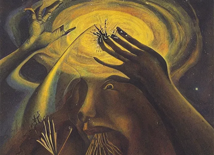 Prompt: a shaman woman holding up the universe, by remedios varo, reflection, symbolist, soft colors, dramatic lighting, smooth, sharp focus, extremely detailed, aesthetically pleasing composition