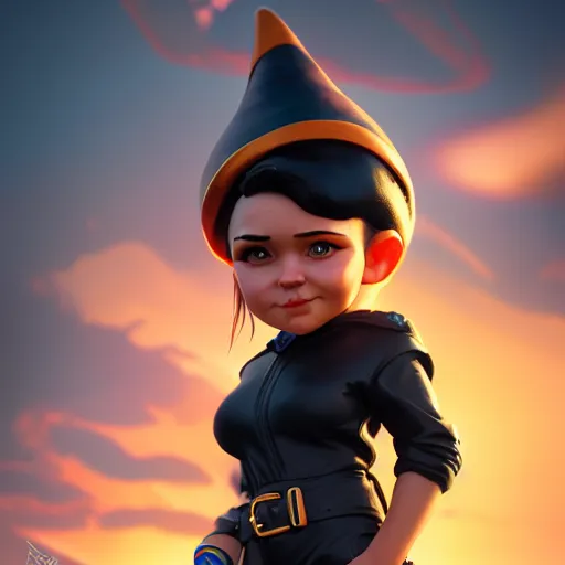 Image similar to a Photorealistic dramatic hyperrealistic gnome woman engineer, pixie undercut short black hair, naval background, by WLOP,Artgerm,Greg Rutkowski, Beautiful dynamic dramatic bright sunset lighting,shadows,cinematic atmosphere,Artstation,concept design art,Octane render,8k