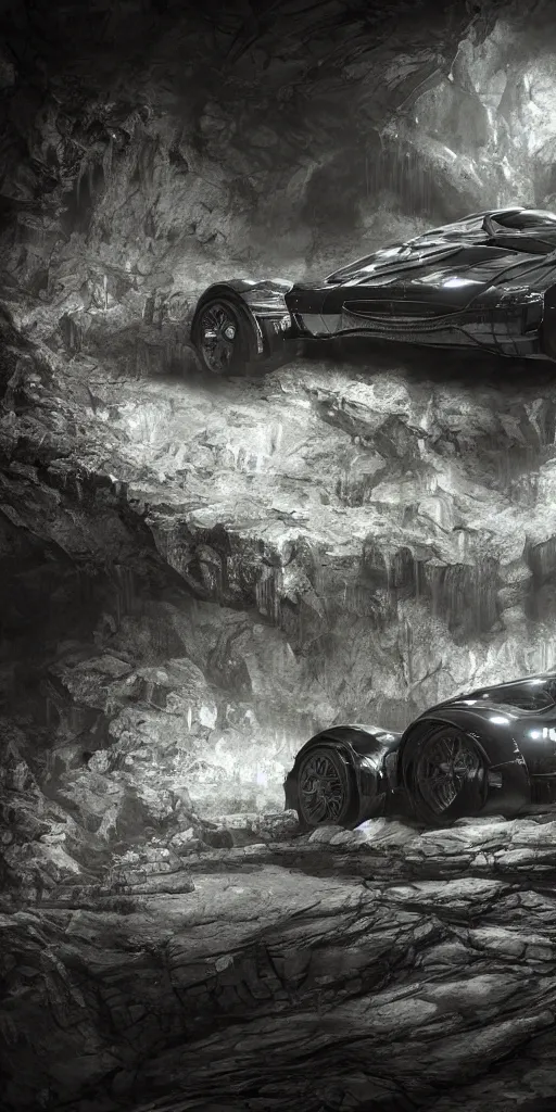 Image similar to the batmobile standing in a very dark and wet cave. highly detailed. intricate. mist. atmospheric. rim light. photorealistic. 8 k. monochrome. rays of light filling the cave. cinematic. matte painting. cinema 4 d. octane render. imagined by ash thorp. ambient occlusion. global illumination.