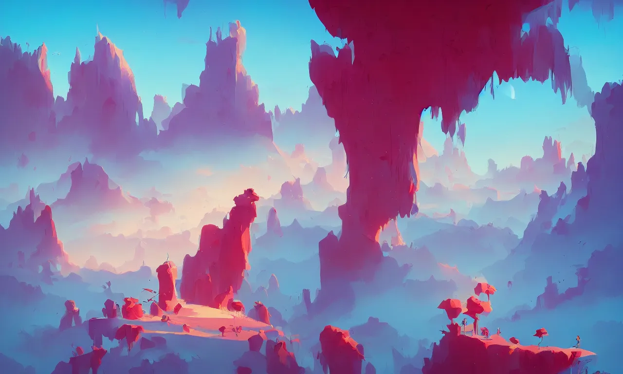 Image similar to a serene landscape painting by anton fadeev and roger dean