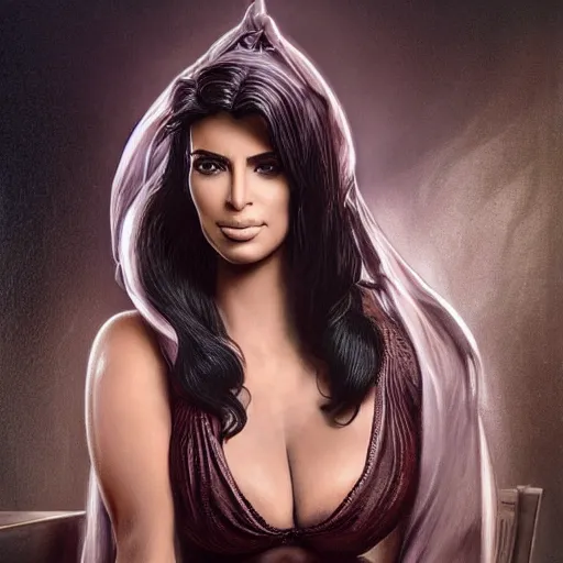 Image similar to A film still of kim kardashian as Lady Dimitrescu in resident evil, highly detailed, digital painting, artstation, concept art, sharp focus, illustration, cinematic lighting, art by artgerm and greg rutkowski and alphonse mucha diffuse lighting, fantasy, intricate, elegant, highly detailed, lifelike, photo, digital painting, artstation, illustration, concept art, smooth, sharp focus, art by John Collier and Albert Aublet and Krenz Cushart and Artem Demura and Alphonse Mucha