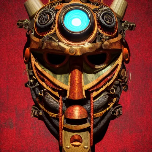 Prompt: a steampunk tribal mask, japanese pottery, vivid colors, wood, metal, intricate details, trending on cgsociety, concept art, glowing eyes, sharp focus, ultra realistic details, cinematic atmosphere, global illumination, shadows, octane render, 8 k