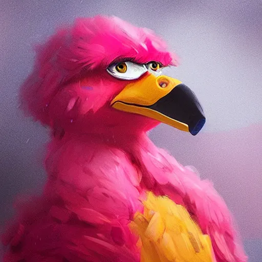 Image similar to a portrait of big bird rainy background, pink bright art masterpiece artstation. 8 k, sharp high quality artwork in style of jose daniel cabrera pena and greg rutkowski, concept art by tooth wu, hearthstone card game artwork.