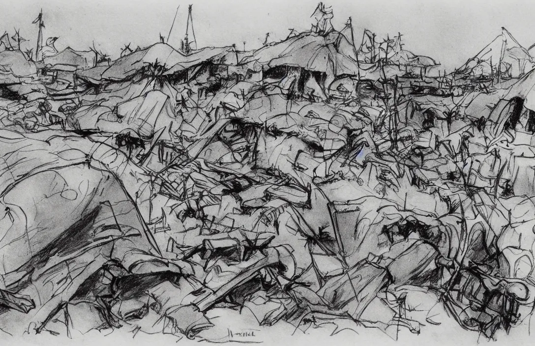 Image similar to milt kahl sketch of world war 1 trenches with the city of miami in the background