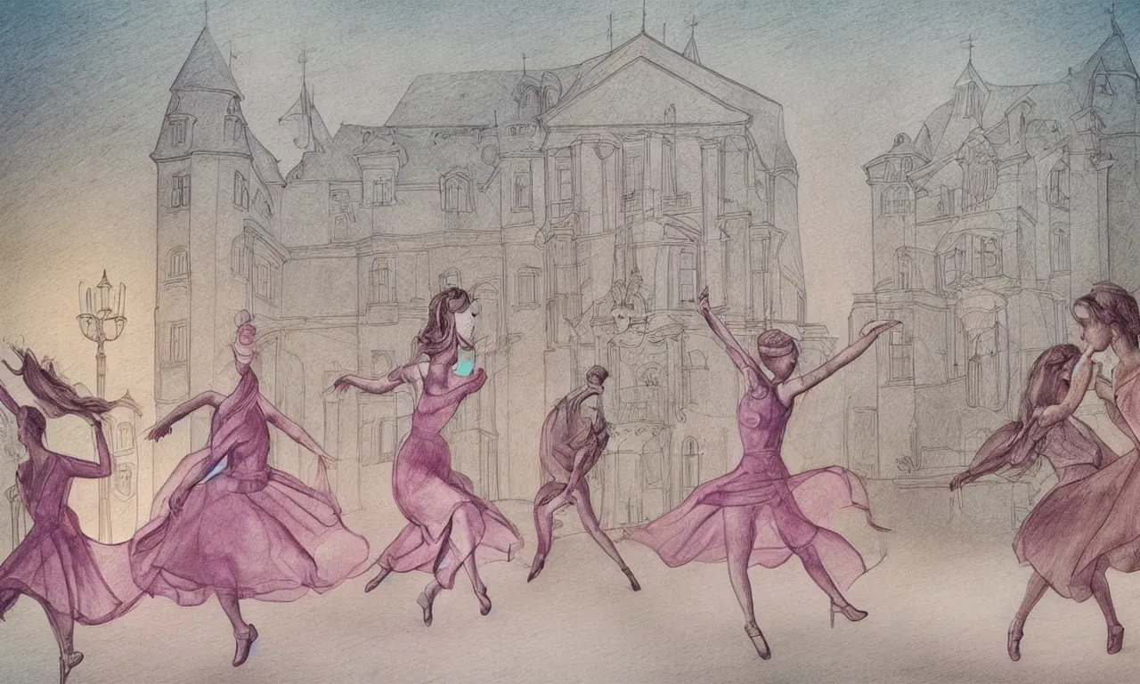 Prompt: dancing, manuscript, chateau, 3 d art, digitial illustration, nordic pastel colors, perfect lightning