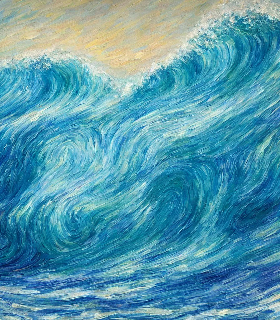 Image similar to an impasto oil painting from the inside of a barreling wave, traidic color scheme, blue and cyan colors, high detail, breathtaking wave, impressionism