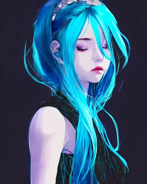 Image similar to watercolor painting of a pretty girl with Blue hair, wearing a Black lace dress, night city. In the style of ilya kuvshinov, dramatic lighting, fantasy, intricate, elegant, highly detailed, lifelike, photorealistic, digital painting, bokeh, HDR, high resolution, artstation, concept art, smooth, sharp focus, art by Krenz Cushart and Albert Aublet
