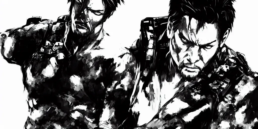 Image similar to a full - body portrait of chow yun - fat, in yoji shinkawa's art style, metal gear solid art style highly detailed, 4 k, artistic, white background, b & w