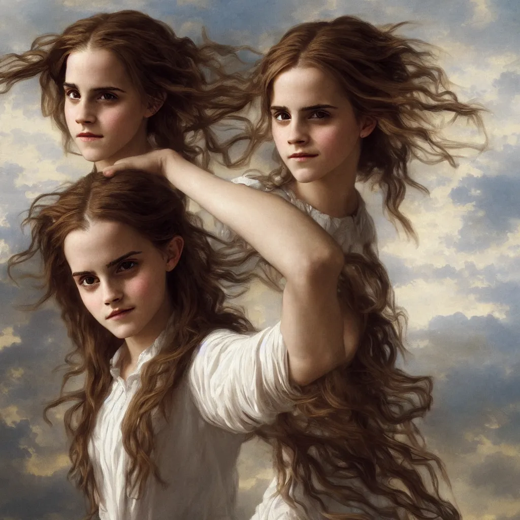 Image similar to Painting of Emma Watson as Hermione Granger. Prisoner of Azkaban. Cheerful. Happy. Art by william adolphe bouguereau. During golden hour. Extremely detailed. Beautiful. 4K. Award winning.