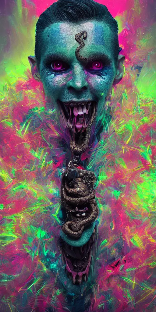 Image similar to impossibly beautiful portrait, dapper dream demon, snake man, wings, bad trip, insane smile, intricate complexity, surreal horror, inverted neon rainbow drip paint, trending on art station, photoreal, 8 k, octane render by greg rutkowski