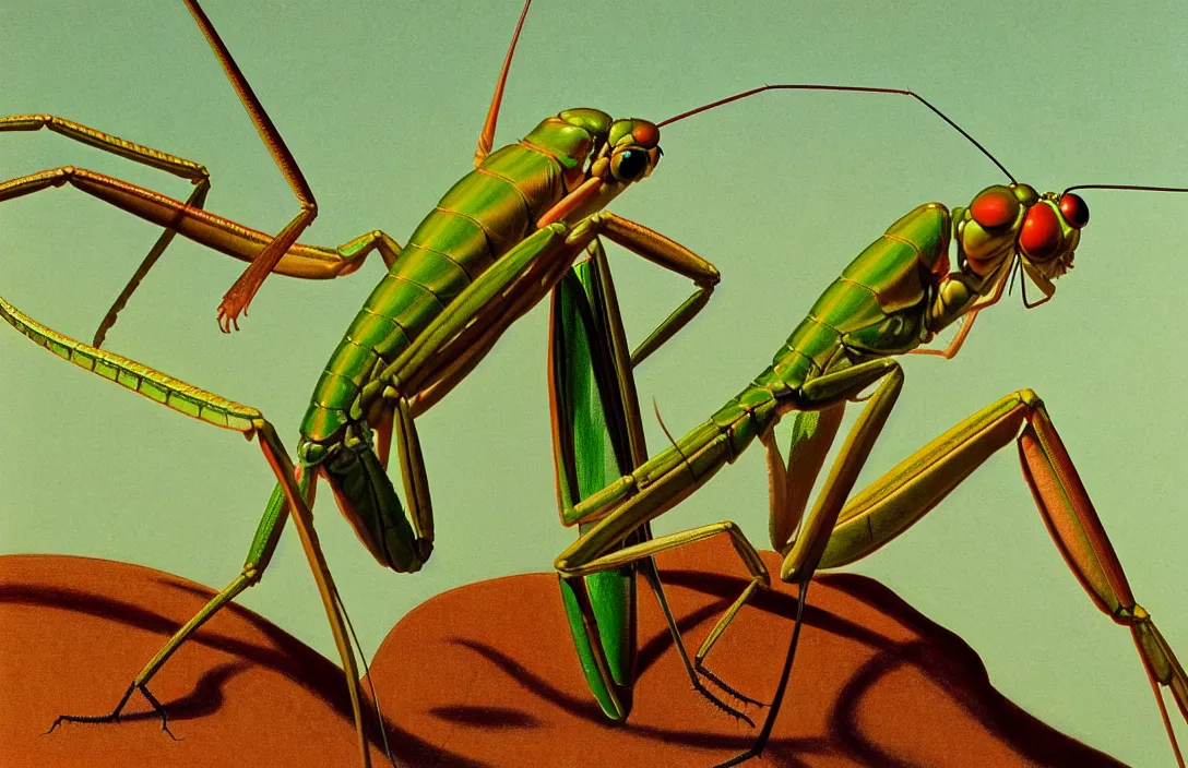 Image similar to implied lines, 4 k criterion collection remastered cinematography a praying mantis eating a dragonfly, photo realistic postprocessing interpolated by syd mead, claude gellee painting by james audubon