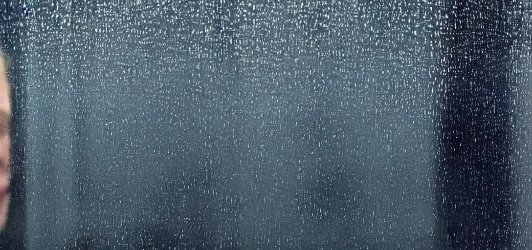 Image similar to dark photo of dark blue rainy bedroom window at night, dimly lit creepy grinning face of elon musk staring in through the window, horror, scary face,