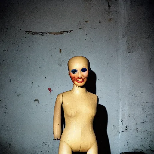 Prompt: an uncanny photograph of a vintage mannequin with a wide smile in a dimly lit abandoned factory, creepy, liminal, flash photography, cinestill 800