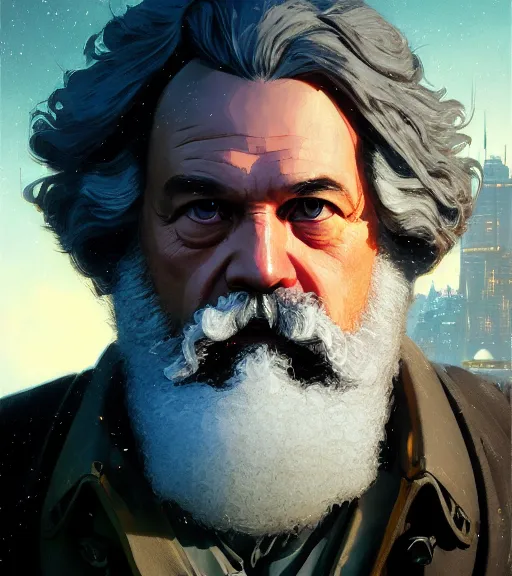 Image similar to highly detailed portrait karl marx in gta v, cyborg, cyberpunk, stephen bliss, unreal engine, fantasy art by greg rutkowski, loish, rhads, ferdinand knab, makoto shinkai and lois van baarle, ilya kuvshinov, rossdraws, tom bagshaw, global illumination, radiant light, detailed and intricate environment