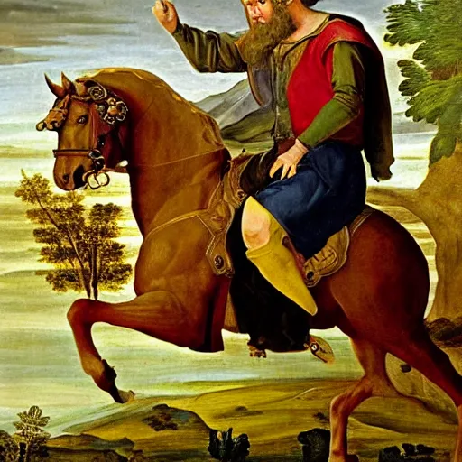 Prompt: renaissance painting of messi dressed in grenadier clothing on horseback