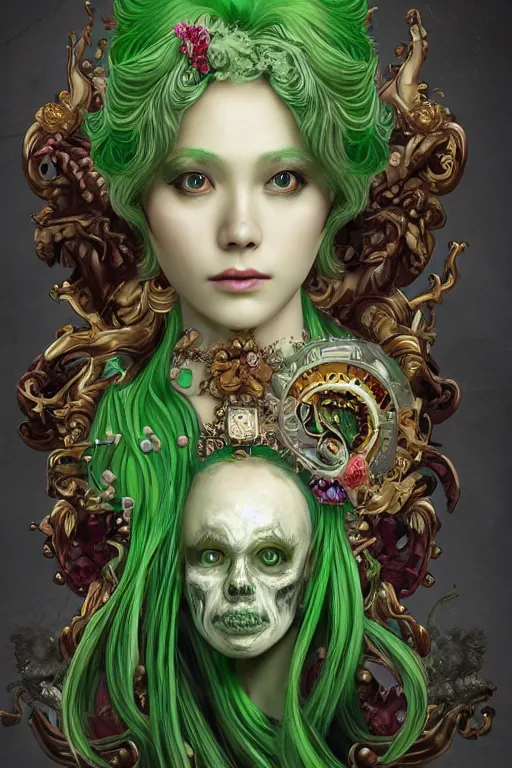 Image similar to rococo upper body portrait sigil with the intent of conquering the world lovecraftian undead zombie queen, green hair, bytian zi and wlop and alphonse mucha ornaments and gems hdr 8 k 3 d dslr hdr trending on artstation rendered with cryengine