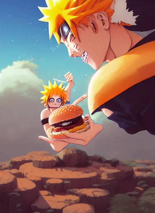 Image similar to highly detailed hamburger consuming naruto uzumaki with black hair, art by greg rutkowski, loish, rhads, ferdinand knab, makoto shinkai and lois van baarle, ilya kuvshinov, rossdraws, tom bagshaw, global illumination, radiant light, detailed and intricate environment