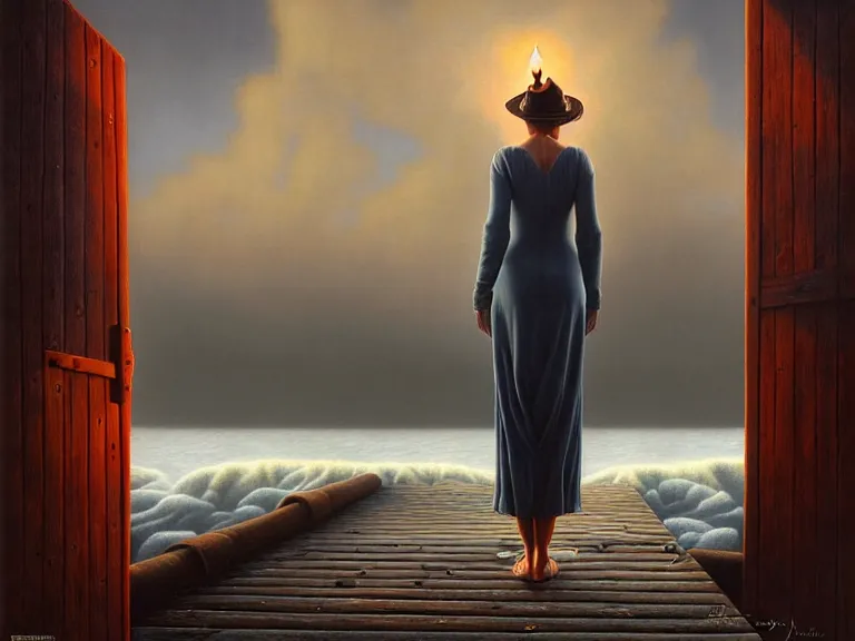 Prompt: a woman standing on a forgotten wharf on a cold sea by rob gonsalves and vladimir kush and roberto ferri and ruth deckard and alberto vargas and gil elvgren and harry ekman and george petty, crisp details, hyperrealism, high detail, high contrast, low light, grey mist, cobblestones, orange candle flames