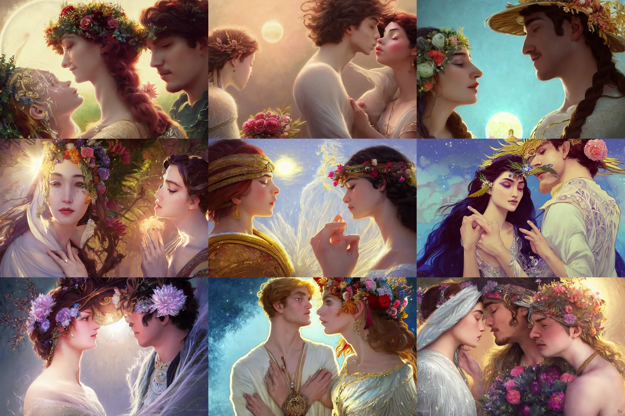 Prompt: a cinematic tender beautifully close up moment of a young sun god and moon goddess magician lovers facing each other, portrait, wedding wearing boho sunhat with peonies, wedding photography, Frozen Klaus film, elegant, digital painting, artstation, concept art, illustration, Frozen II art masterpiece by art by Krenz Cushart, Artem Demura, alphonse mucha, yoji shinkawa, ArtGerm, Jon Lothian, Danilo Torres, Adi Meyers, Thomas Reimann, Gaston Bussiere