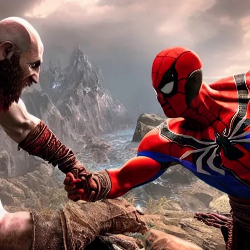 Image similar to screenshot of the game God of War with Kratos and Spiderman shaking hands | Sony Pictures official media | Spiderman | Spiderman | Spiderman