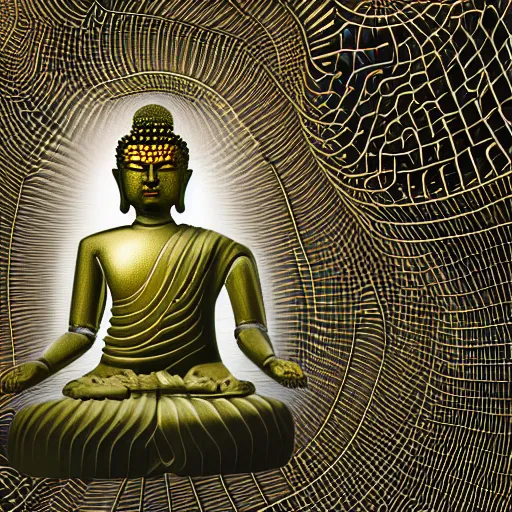 Image similar to robotic lifeform buddha meditating in front of a beautiful fractal neural network :: depth of field