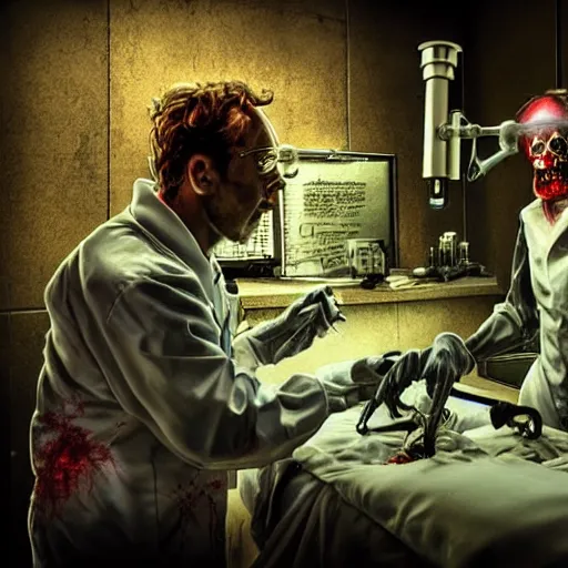 Image similar to Zombie Doctor performing surgery on a cadaver mad scientist laboratory glowing chemistry set viles test tubes potions smoking HDR 8K