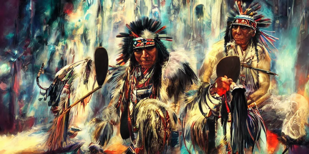 Image similar to of Native American shaman drumming by Liam Wong and Boris Vallejo