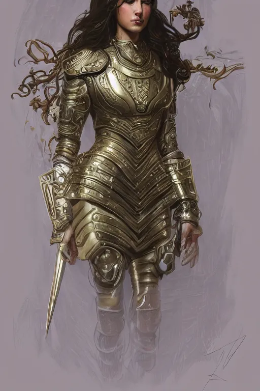 Image similar to attractive young girl, ornate metallic helmet, battle armor, olive skin, long dark hair, beautiful bone structure, elegant, highly detailed, digital painting, trending on Artstation, concept art, smooth, sharp focus, illustration, art by Gerald Brom and James Gurney and alphonse mucha