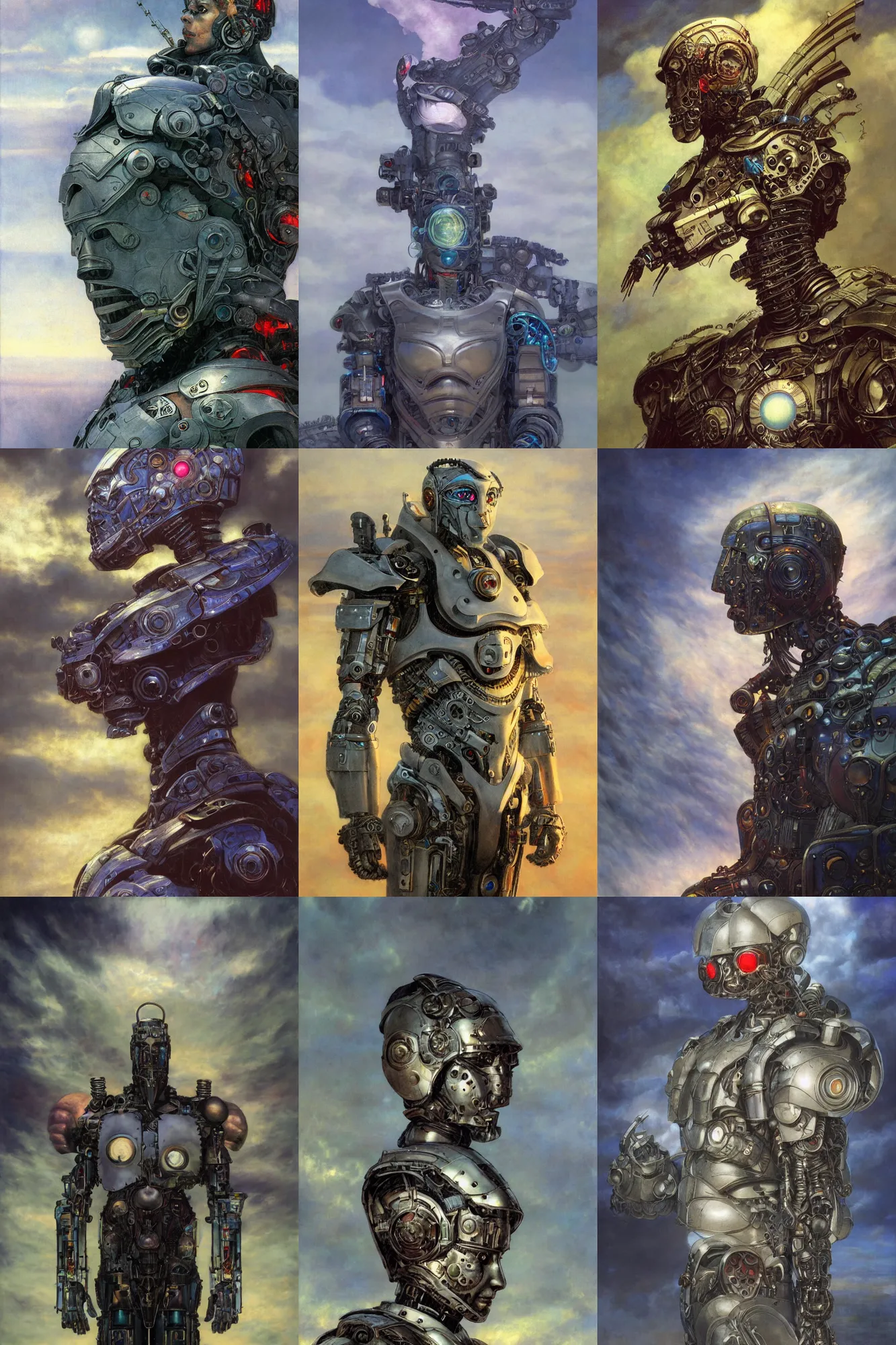 Prompt: portrait of epic anthropomorphic book cyborg neon armor, in clouds, cinematic studio light, windy, sunrise, by gerald brom, by mikhail vrubel, by peter elson, muted colors, extreme detail, trending on artstation