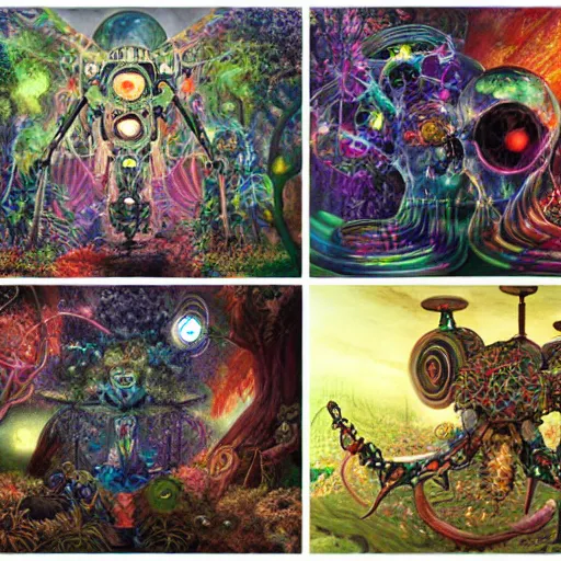 Image similar to sinister eldritch neural diaphanous skullpunk spirits in the enchanted intergalactic mecha garden, man - machine chimeric beholder polyphemous by okuda san miguel by jerimiah ketner by tatsuyuki tanaka by agostino arrivabene and wayne england