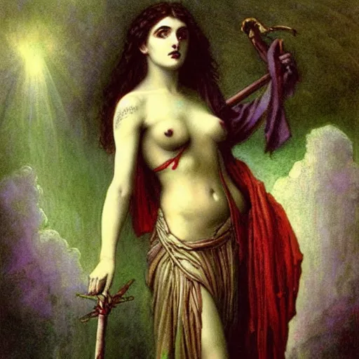 Image similar to beautiful gorgeous Persephone with the prettiest eyes the world has seen with a spear in her hand, goddess of life and death, painting by gustave dore. Colored painting.
