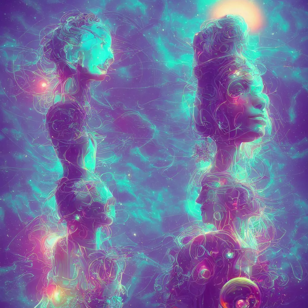 Image similar to a goddess of a world full of life divine thrill of the biological tranquil sky, atoms floating, horror, artwork by beeple and lisa frank, fantasy, intricate, highly detailed, artstation