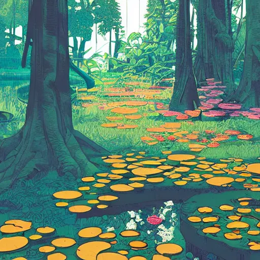 Prompt: a forest and the lily pond, that looks like it is from Borderlands, colorful, strong sunshine, high contrast, light and shadow, by Feng Zhu and Loish and Laurie Greasley, Victo Ngai, Andreas Rocha, John Harris