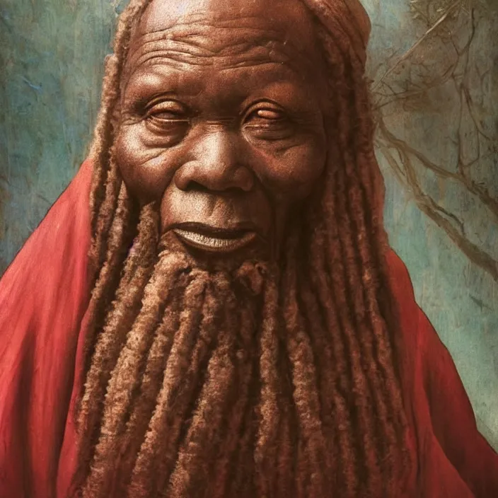 Image similar to a painting of a wise elder from Africa by Leonardo da Vinci . dramatic angle, ethereal lights, details, smooth, sharp focus, illustration, realistic, cinematic, artstation, award winning, rgb , unreal engine, octane render, cinematic light, macro, depth of field, blur, red light and clouds from the back, highly detailed epic cinematic concept art CG render made in Maya, Blender and Photoshop, octane render, excellent composition, dynamic dramatic cinematic lighting, aesthetic, very inspirational, arthouse.
