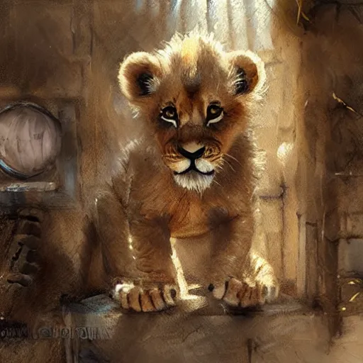 Image similar to adorable lion cub inside of a medieval fantasy pet store, oil painting, by greg rutkowski