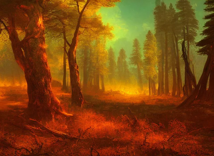 Prompt: scorched forest landscape, style of albert bierstadt, digital art, vibrant, golden ratio