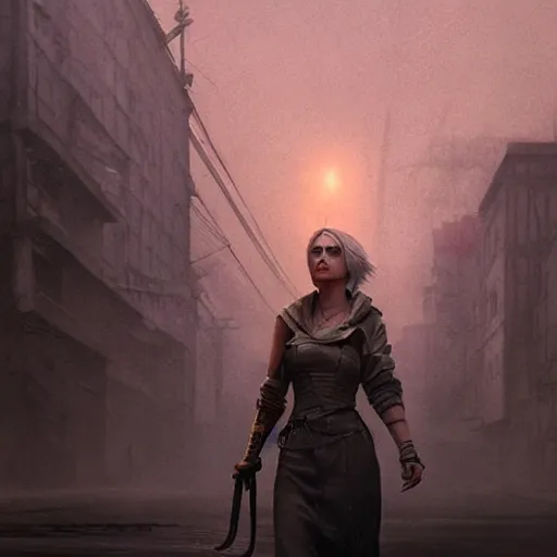 Prompt: ciri in a dark industrial soviet city, smog, atmospheric, pollution, digital art, by greg rutkowski, highly detailed, by jeremy lipking, octane render