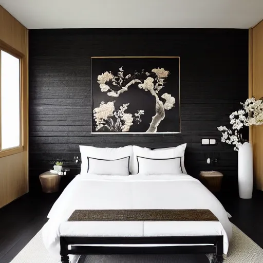 Image similar to bedroom, stone, interior design, stylish luxury hotel bedroom design, yakisugi, black vertical slatted timber, textures, feminine, black walls, art, Japanese pottery vase with flowers, kakejiku, seasonal, Japanese influences